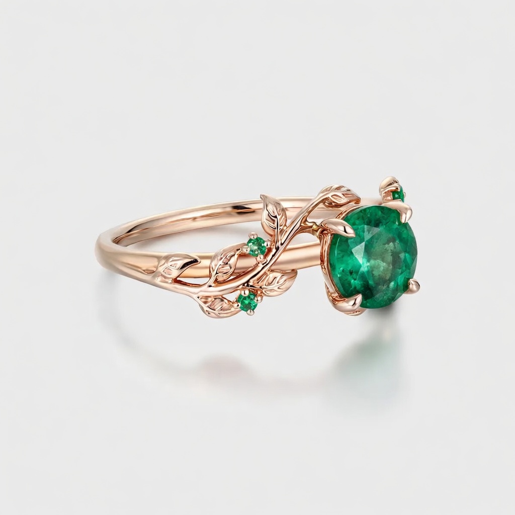 Lucky Round Lab Grown Emerald Engagement Ring in Rose Gold | Leaf Vine Botanical Design with Emerald Accents