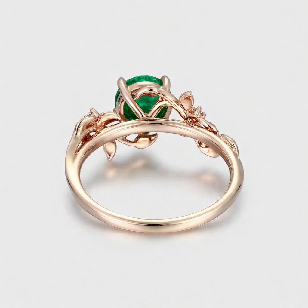 Lucky Round Lab Grown Emerald Engagement Ring in Rose Gold | Leaf Vine Botanical Design with Emerald Accents