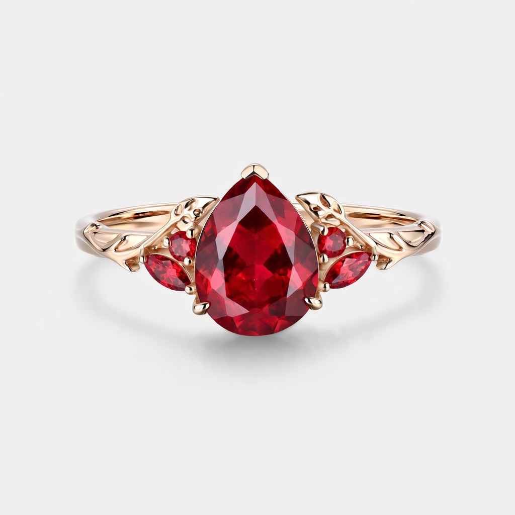 Lucky Pear Lab Grown Ruby Engagement Ring in Rose Gold | Leaf Vine Botanical Design with Pear Ruby Accents