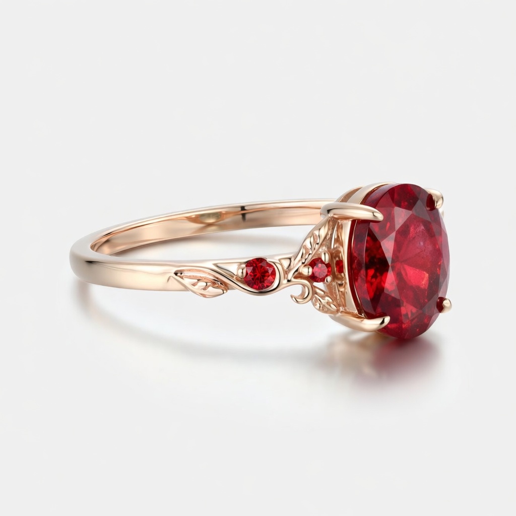 Lucky Oval Lab Grown Ruby Engagement Ring in Rose Gold | Delicate Leaf & Scroll Botanical Design with Ruby Accents