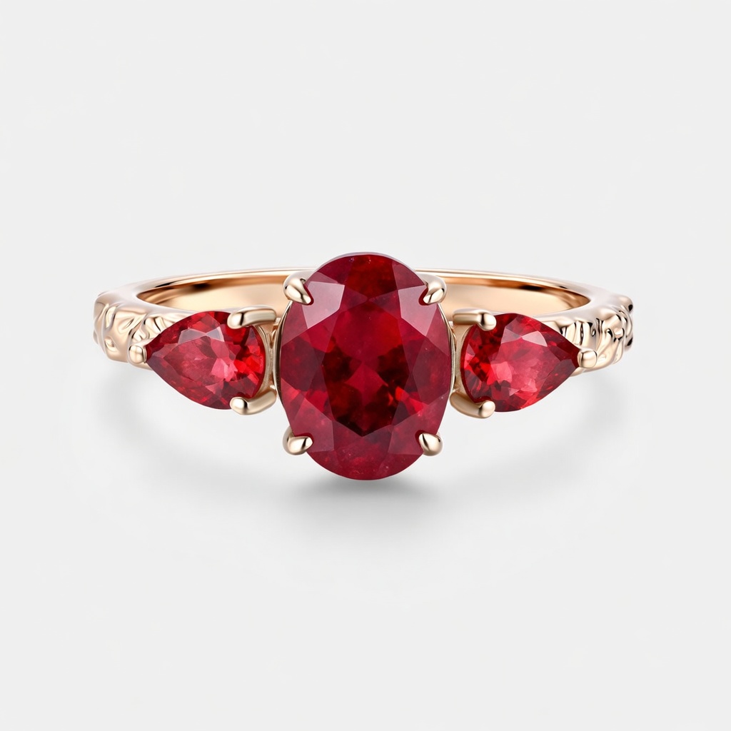 Lucky Oval Lab Grown Ruby Engagement Ring in 14K Rose Gold | Three-Stone Pear Side Stones with Leaf Vine Design