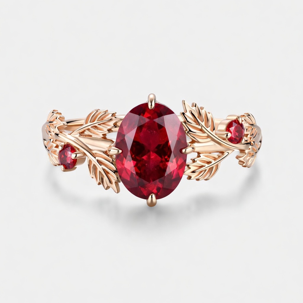 Lucky Oval Lab Grown Ruby Engagement Ring in Rose Gold | Exquisite Leaf Vine Botanical Design with Ruby Accents