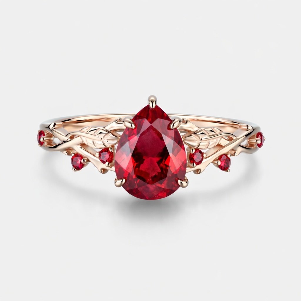 Lucky Pear Lab Grown Ruby Engagement Ring in 14K Rose Gold | Lush Leaf & Vine Botanical Design with Ruby Accents