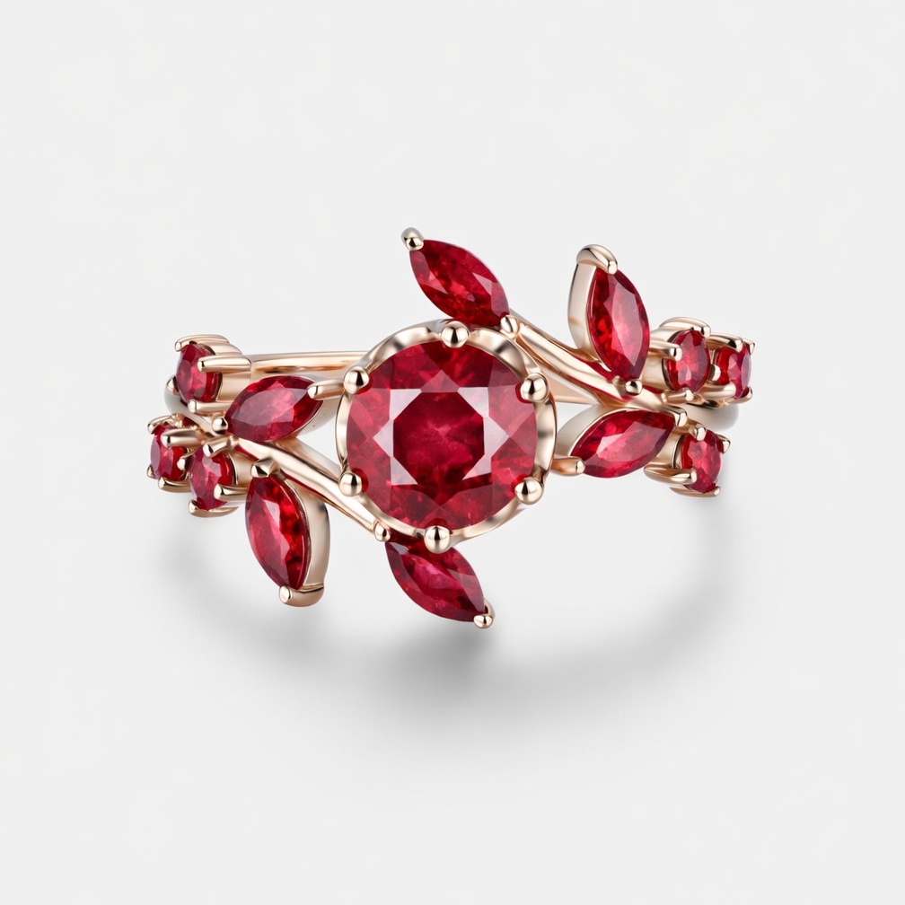 Lucky Blooming Round Lab Grown Ruby Engagement Ring in Rose Gold | Marquise Leaf Cluster Floral Design