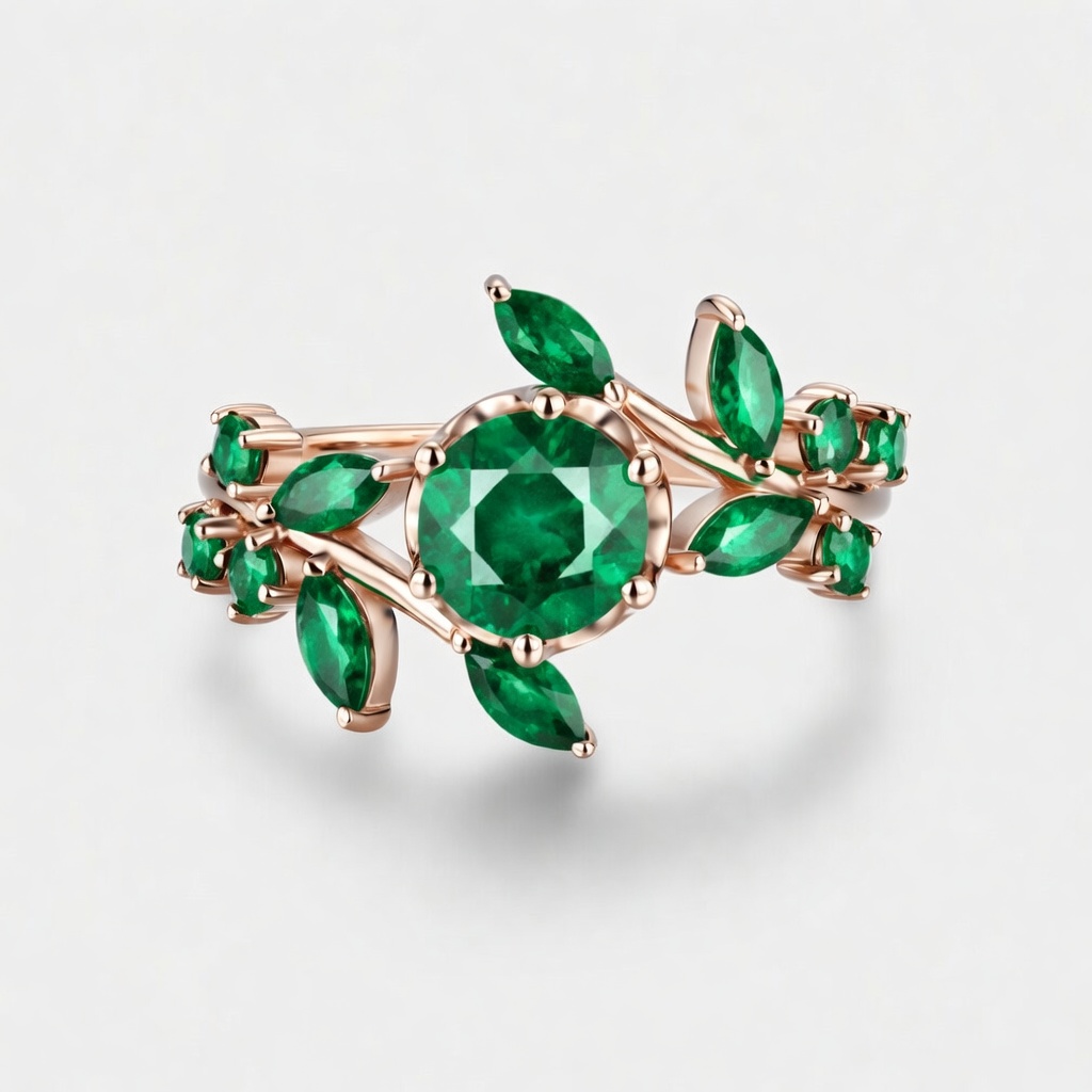 Lucky Verdant Vine Round Lab Grown Emerald Engagement Ring in 14K Rose Gold | Marquise Leaf Branch Cluster