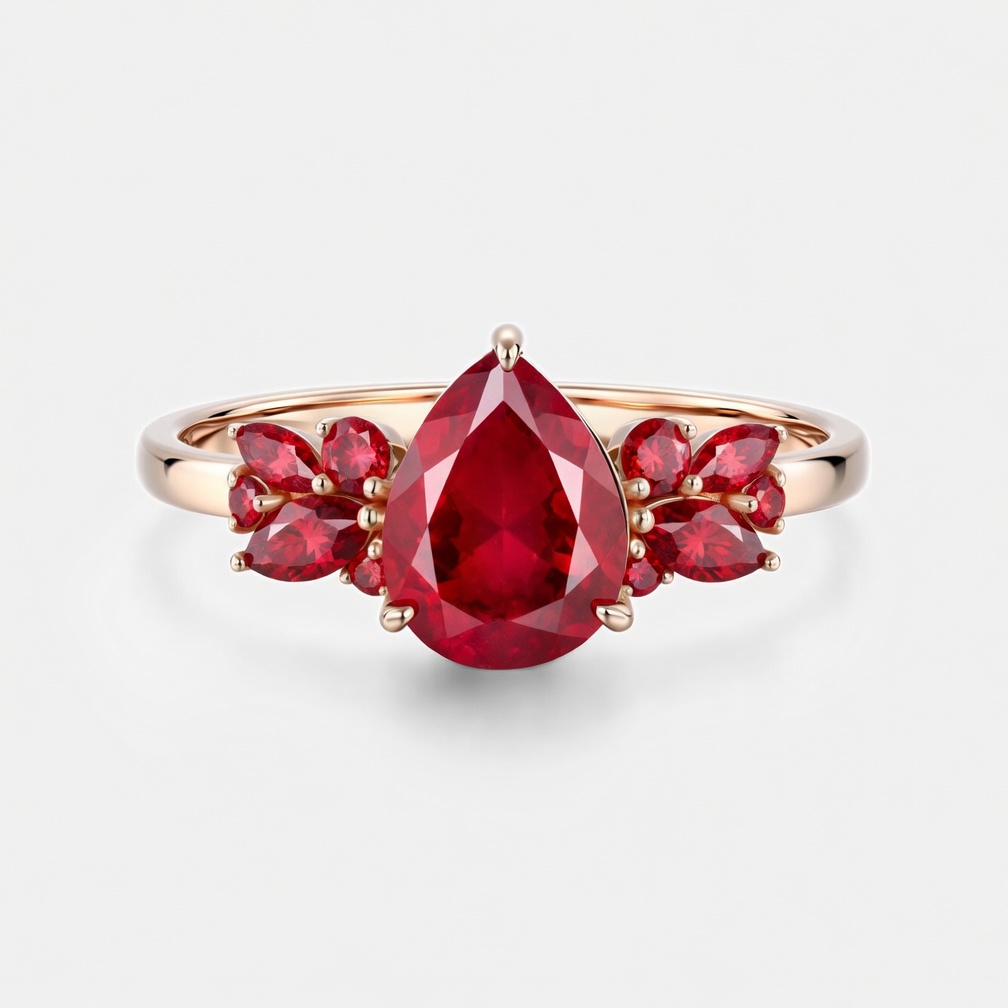 Lucky Gemstones Citrine | Pear-Shaped Lab Grown Ruby Ring | Surrounded by Lab Grown Ruby Leaves | Nature-Inspired Engagement Ring-GLR0019