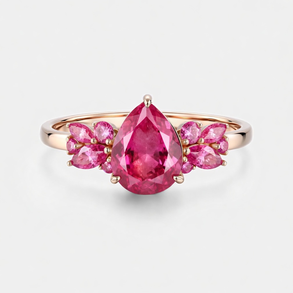 Lucky Gemstones Citrine | Pear Cut Lab Grown Pink Sapphire Ring | Round & Marquise Pink Sapphire Cluster Accents | Nature-Inspired Engagement Ring