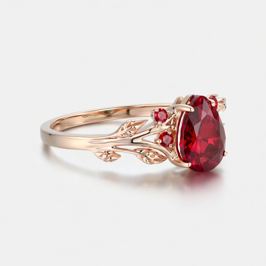 Lucky Pear Ruby Engagement Ring in Rose Gold | Intricate Leaf Vine Botanical Design with Ruby Accents