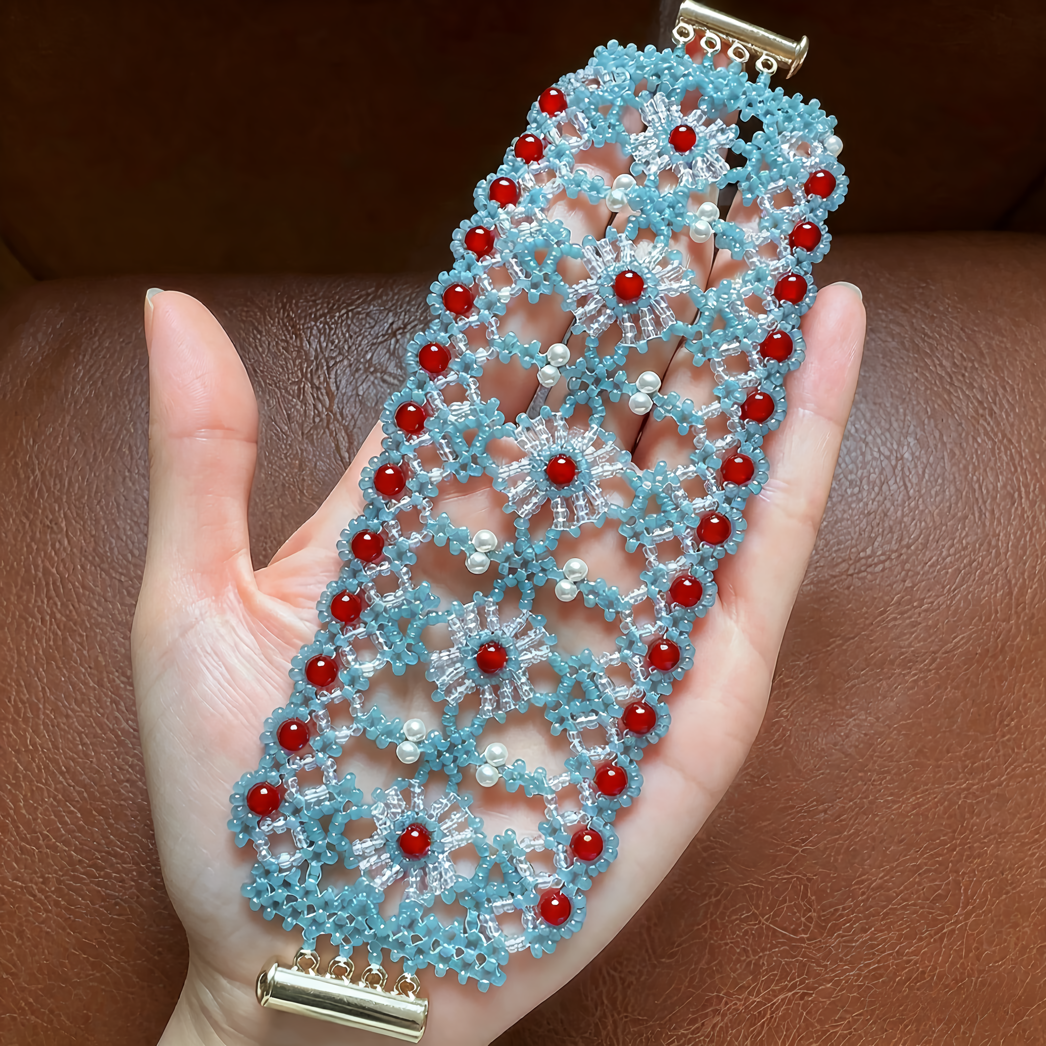 No.55 Finished Product – White & Spring Blue Chinese Style Wide Lace Bracelet – Pearl, Agate & Iridescent Seed Bead Design（SL012）