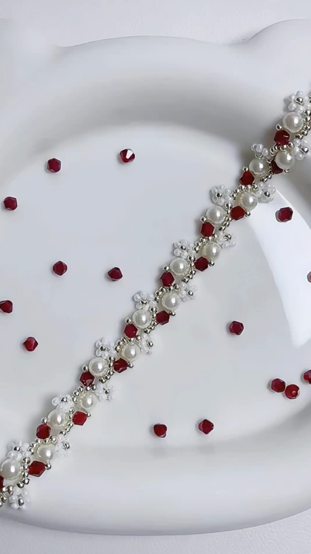 GB017 DIY Kit – Vine Bracelet with Beaded Flowers – Dark Red, Pearl & Seed Beads