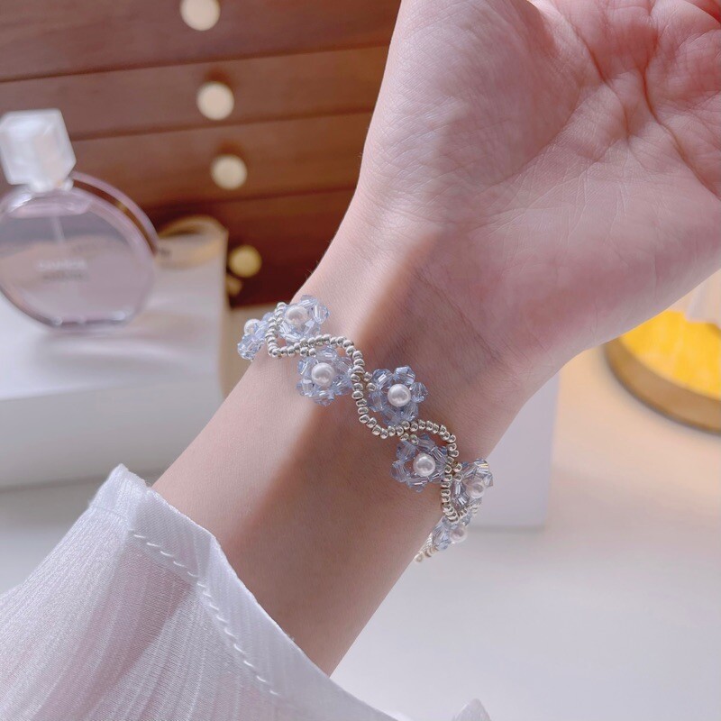 No.57 DIY Kit – Fresh Blue Flower Crystal Bracelet – Handmade with Pearls & Seed Beads（SL035）
