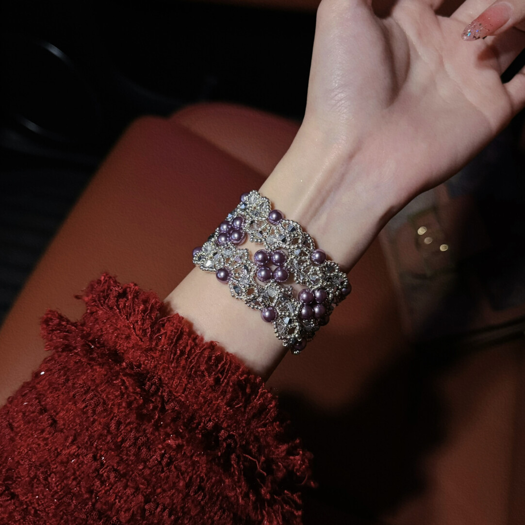 No.49 DIY Kit – French Vintage Intricately Crafted Deep Purple Pearl Crystal Bracelet（SL175）
