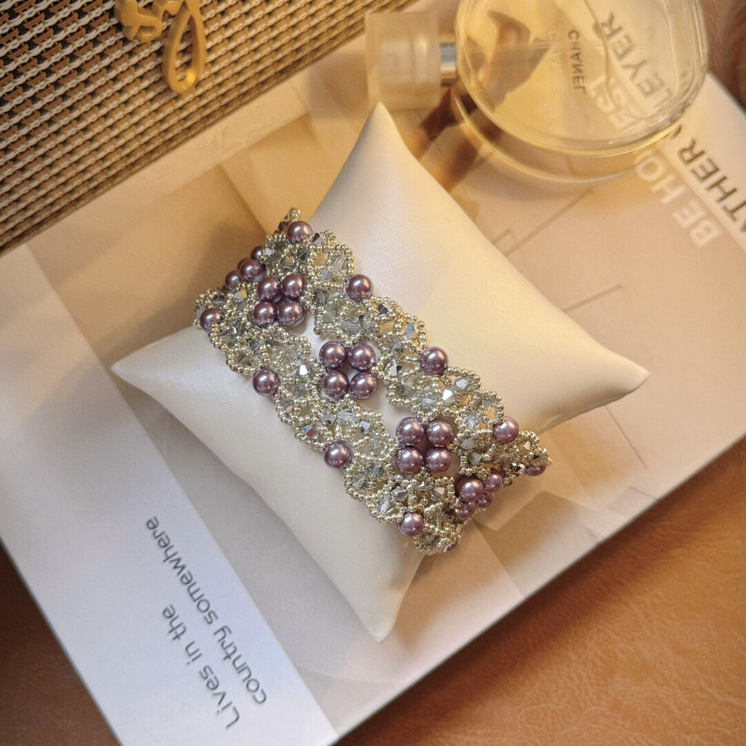 No.49 DIY Kit – French Vintage Intricately Crafted Deep Purple Pearl Crystal Bracelet（SL175）