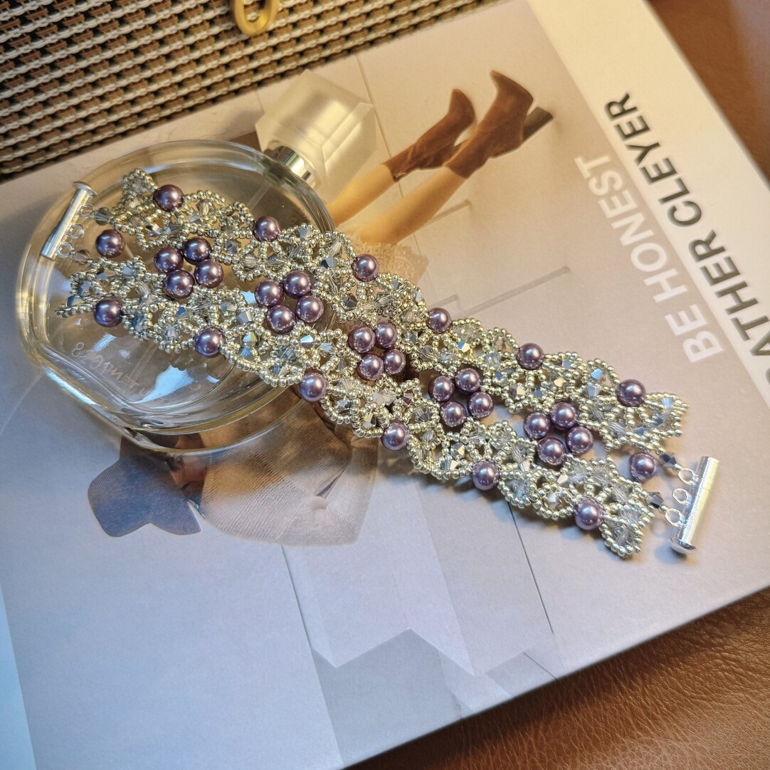No.49 DIY Kit – French Vintage Intricately Crafted Deep Purple Pearl Crystal Bracelet（SL175）