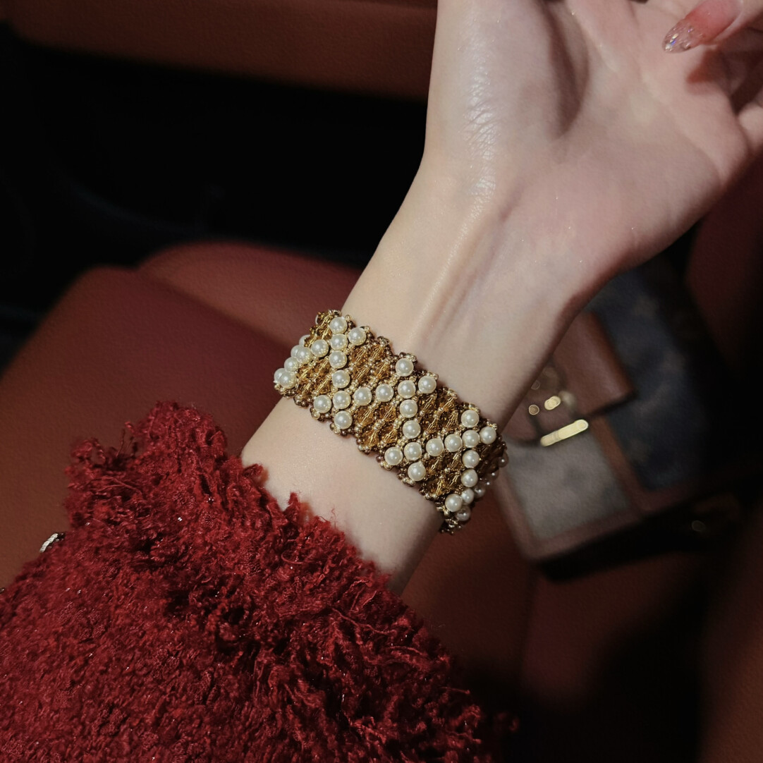 No.52 DIY Kit – Vintage Luxe Wide Beaded Bracelet – Gold & Pearl Grid Design（SL113）