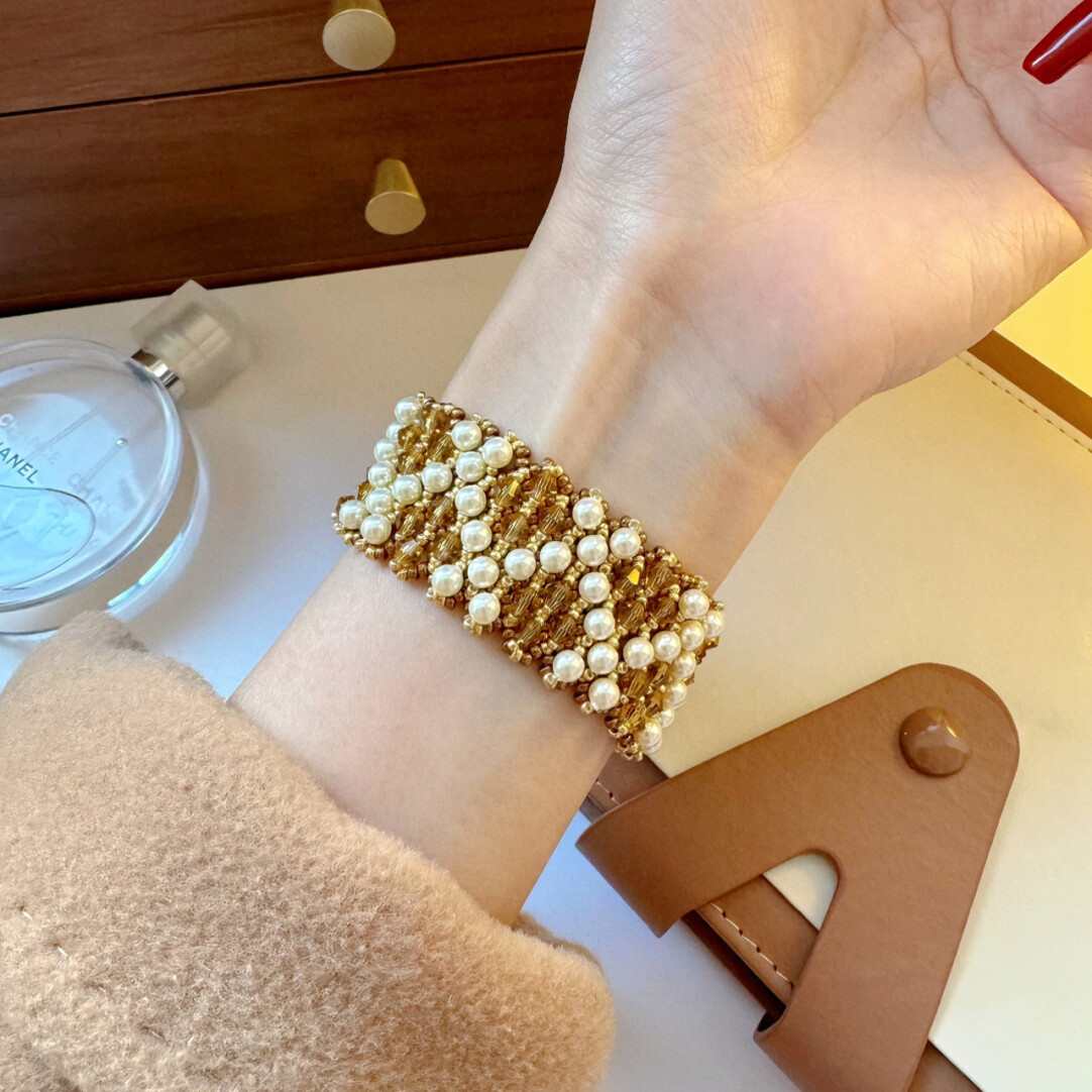 No.52 DIY Kit – Vintage Luxe Wide Beaded Bracelet – Gold & Pearl Grid Design（SL113）