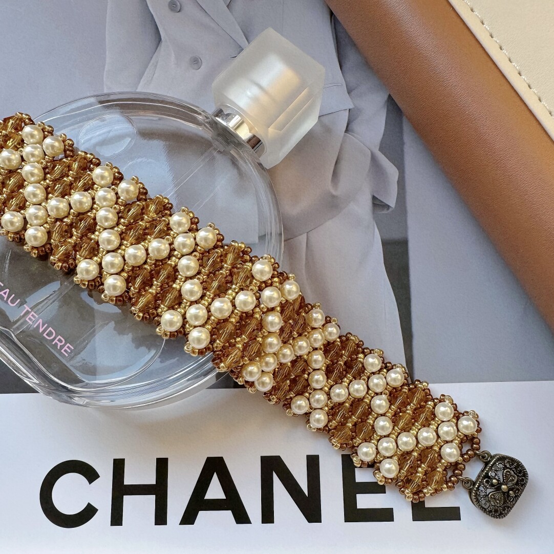 No.52 DIY Kit – Vintage Luxe Wide Beaded Bracelet – Gold & Pearl Grid Design（SL113）