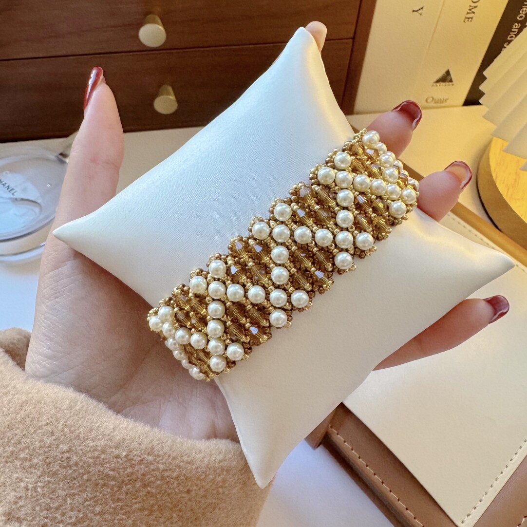 No.52 DIY Kit – Vintage Luxe Wide Beaded Bracelet – Gold & Pearl Grid Design（SL113）