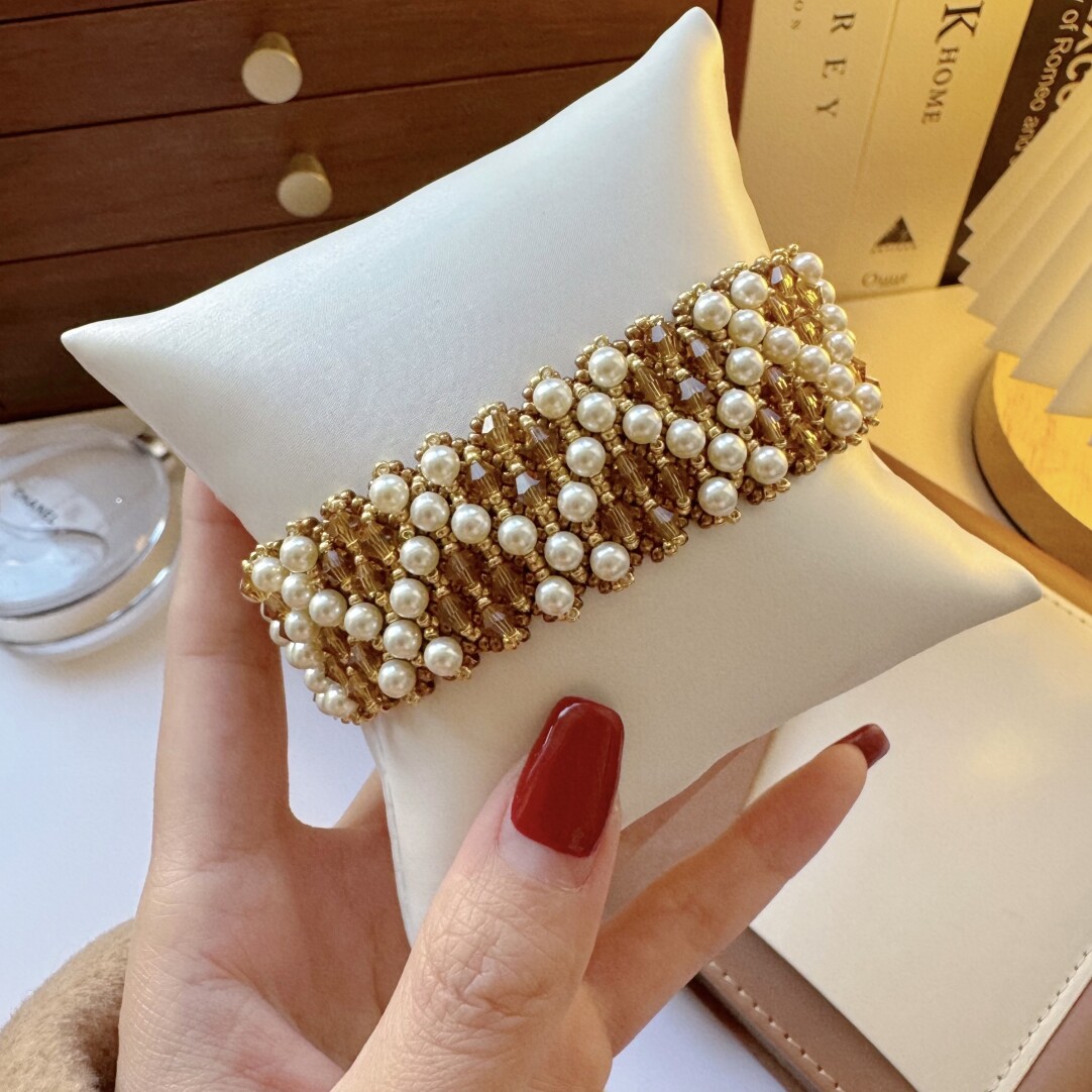 No.52 DIY Kit – Vintage Luxe Wide Beaded Bracelet – Gold & Pearl Grid Design（SL113）