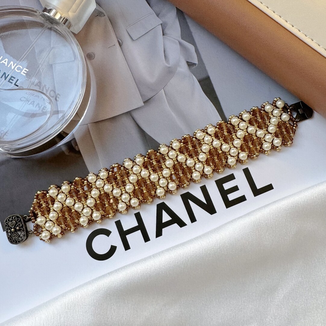No.52 DIY Kit – Vintage Luxe Wide Beaded Bracelet – Gold & Pearl Grid Design（SL113）