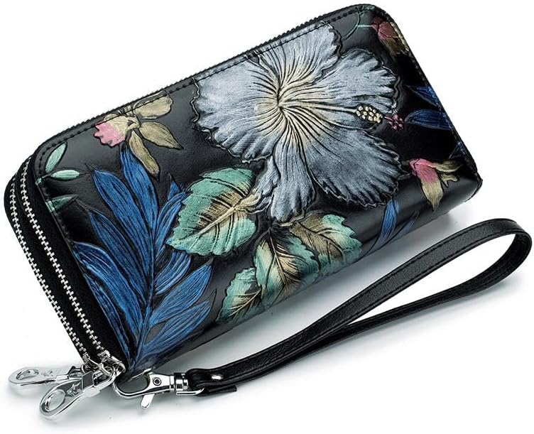Women's Wallet Large Capacity Double Zip Ladies Card Phone Holder RFID Blocking Wristlet Leather