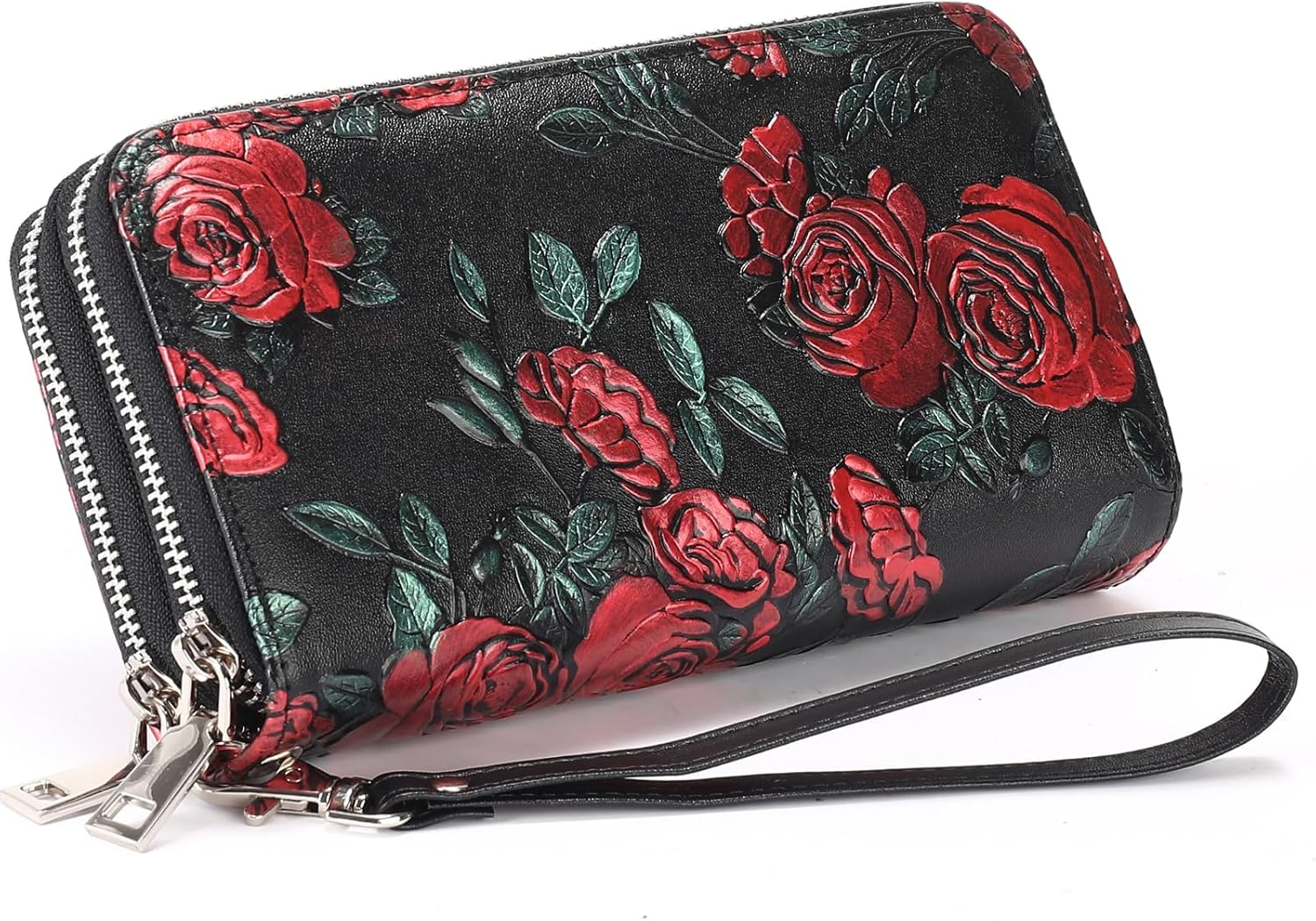 Women's Wallet Large Capacity Double Zip Ladies Card Phone Holder RFID Blocking Wristlet Leather