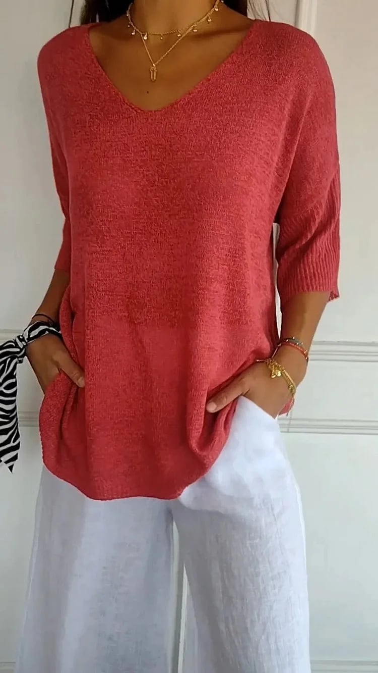 CLEARANCE SALE🔥Solid Color Knitted V-neck Top