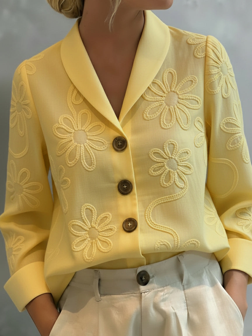 Floral Embroidered Shawl Collar Blouse