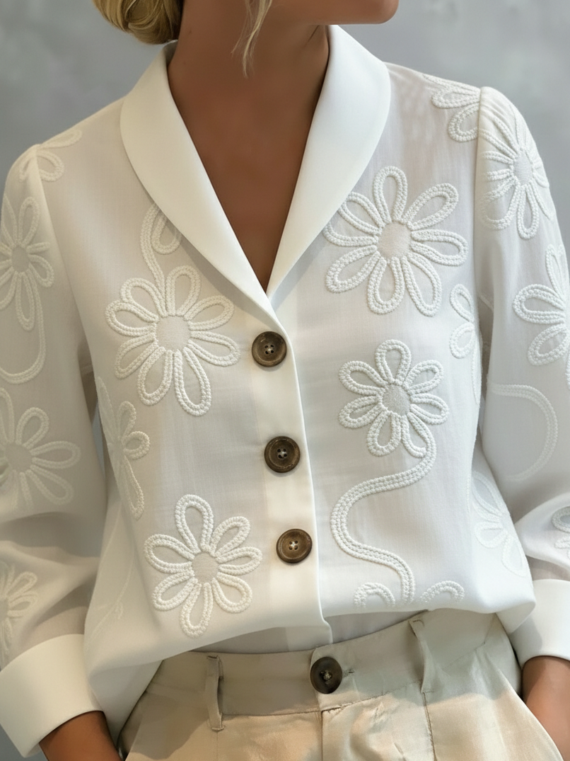 Floral Embroidered Shawl Collar Blouse