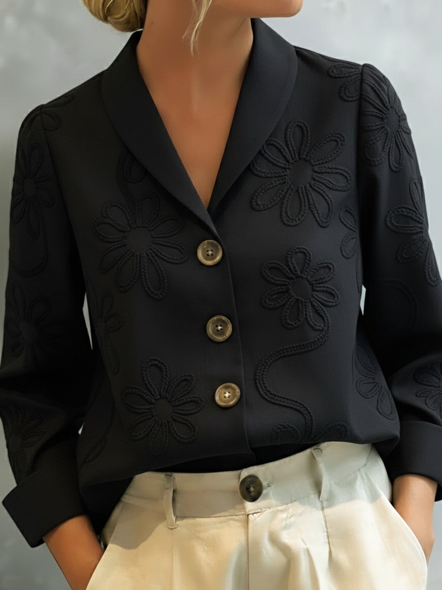 Floral Embroidered Shawl Collar Blouse