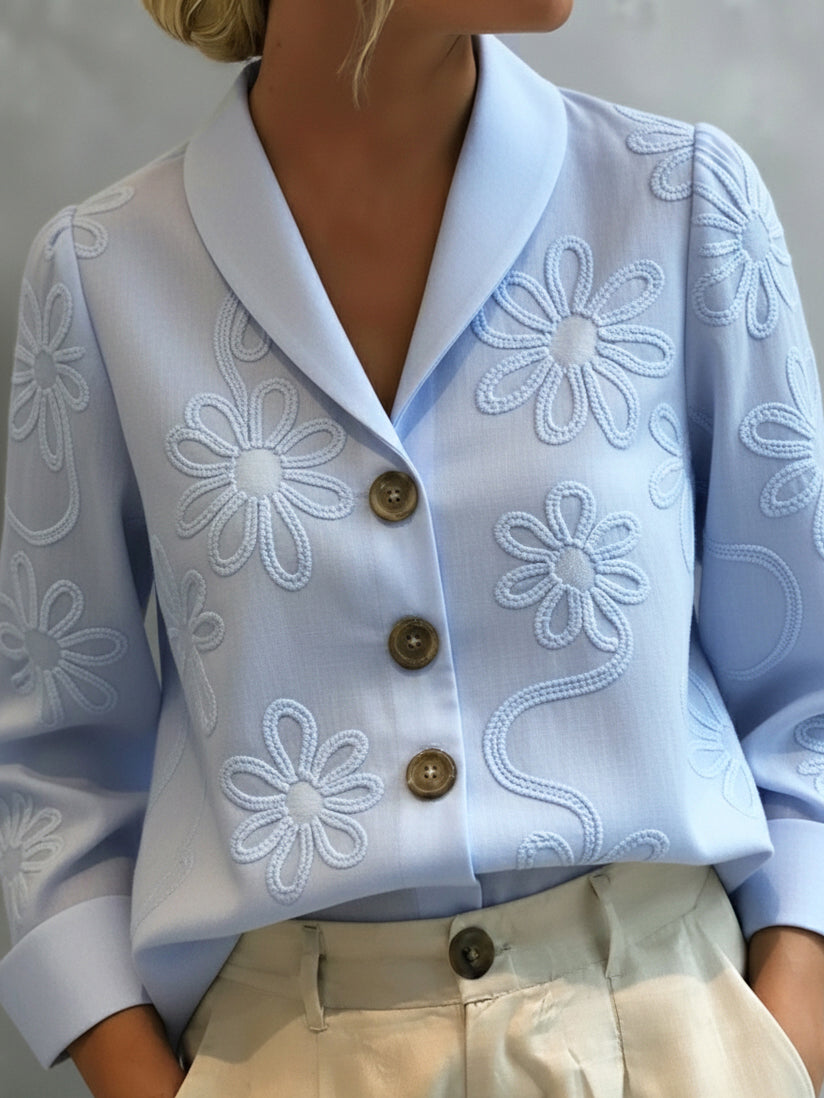Floral Embroidered Shawl Collar Blouse