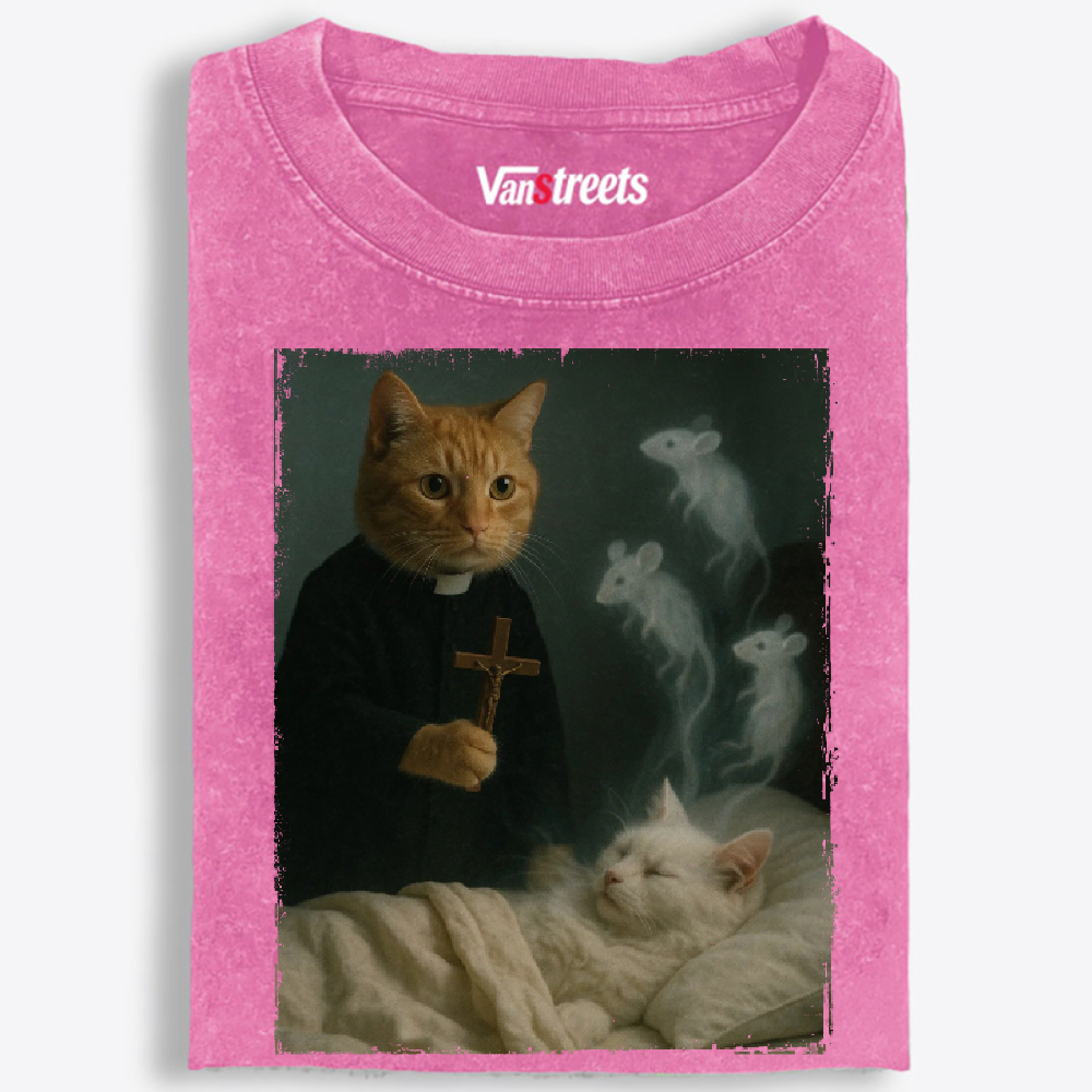 Cat Priest Exorcism Funny Retro Washed T-Shirt | 100% Cotton | Streetwear Essential