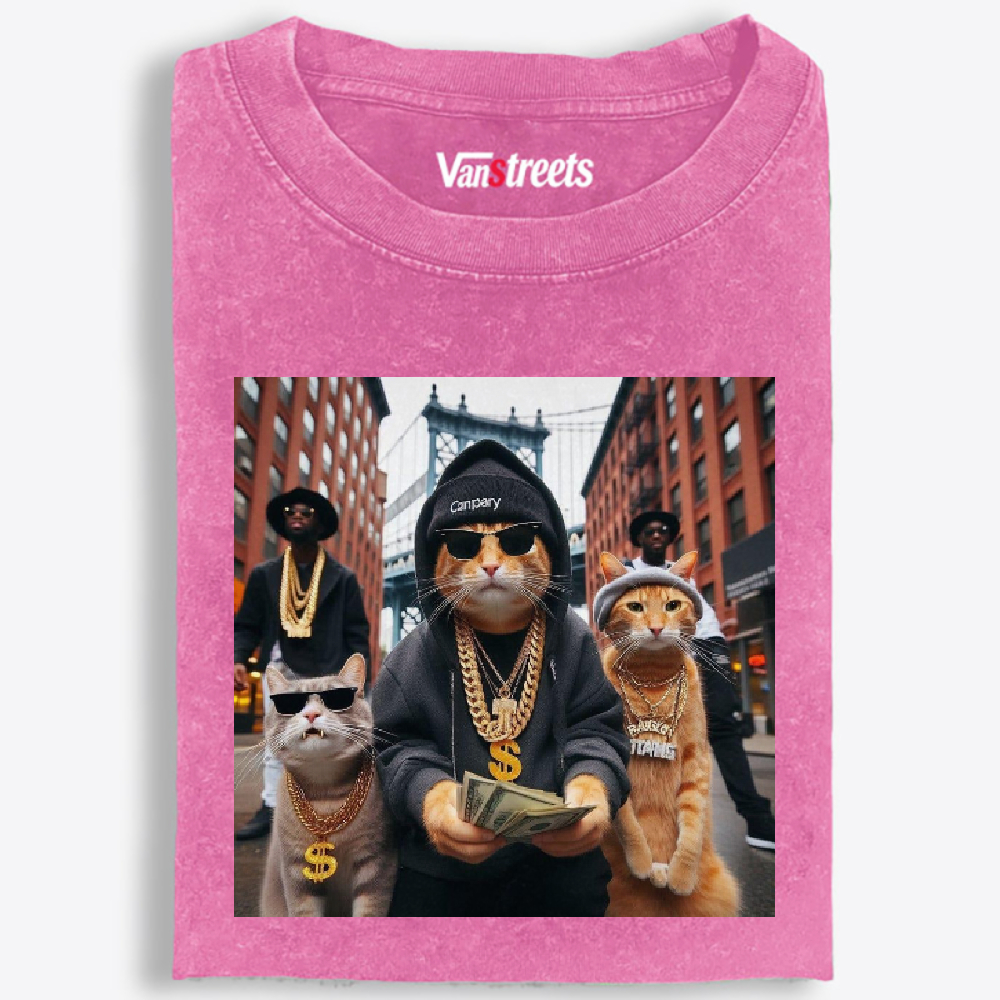 Hip-Hop Rich Cats Retro Washed T-Shirt | 100% Cotton | Streetwear Essential