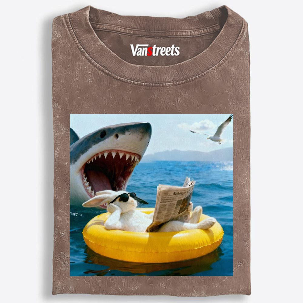 Bunny Reading Newspaper With Shark Retro Washed T-Shirt | 100% Cotton | Streetwear Essential