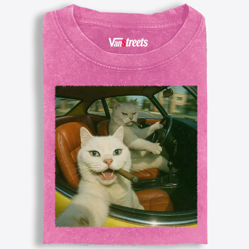 Cats With Cigars, Retro Vibes Washed T-Shirt | 100% Cotton | Streetwear Essential