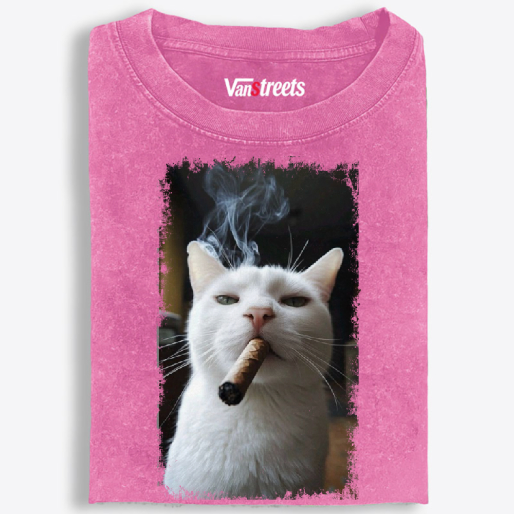 Vintage Cigar Smoking White Cat Graphic Washed T-Shirt | 100% Cotton | Streetwear Essential