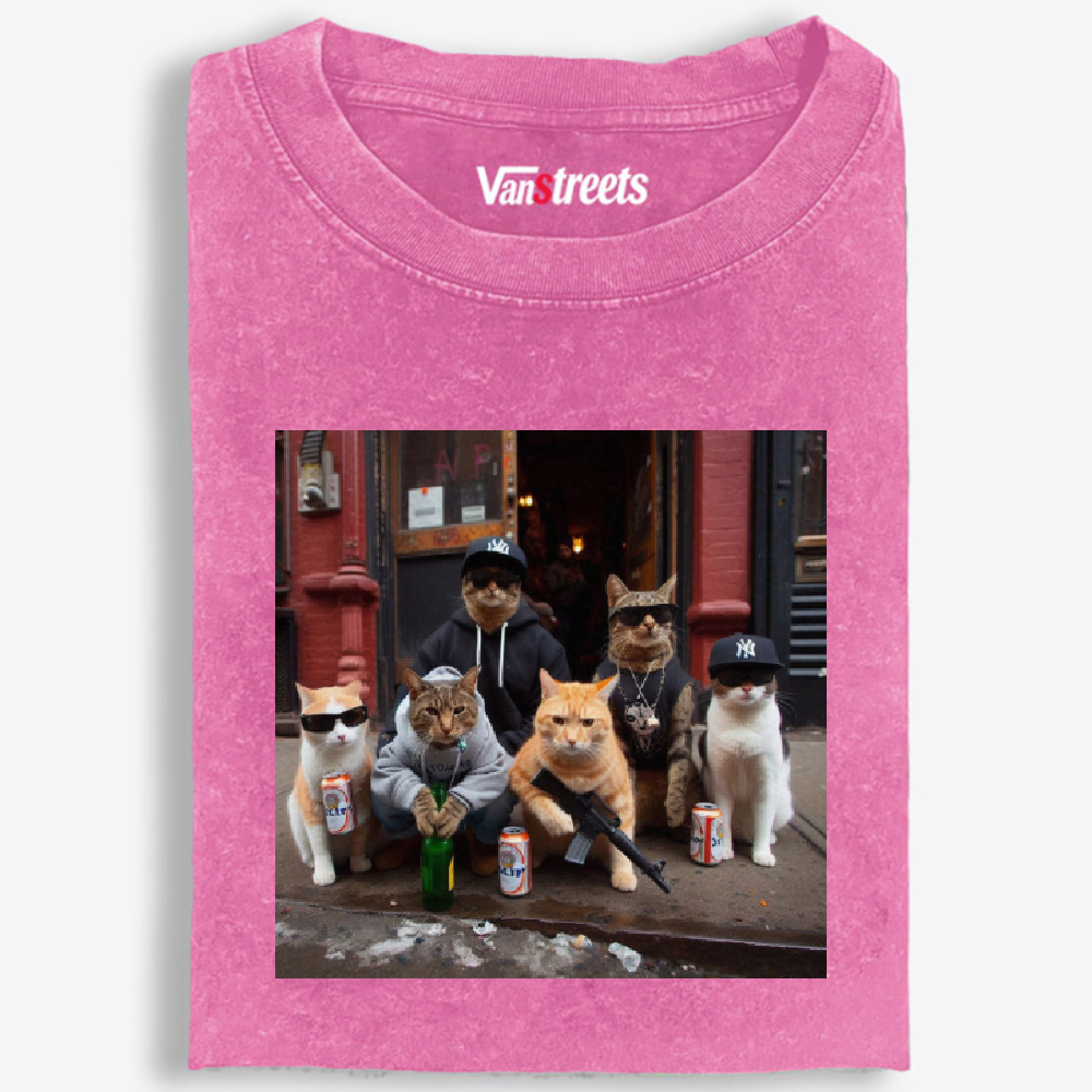 Street Gang Cats Hardcore Retro Washed T-Shirt | 100% Cotton | Streetwear Essential