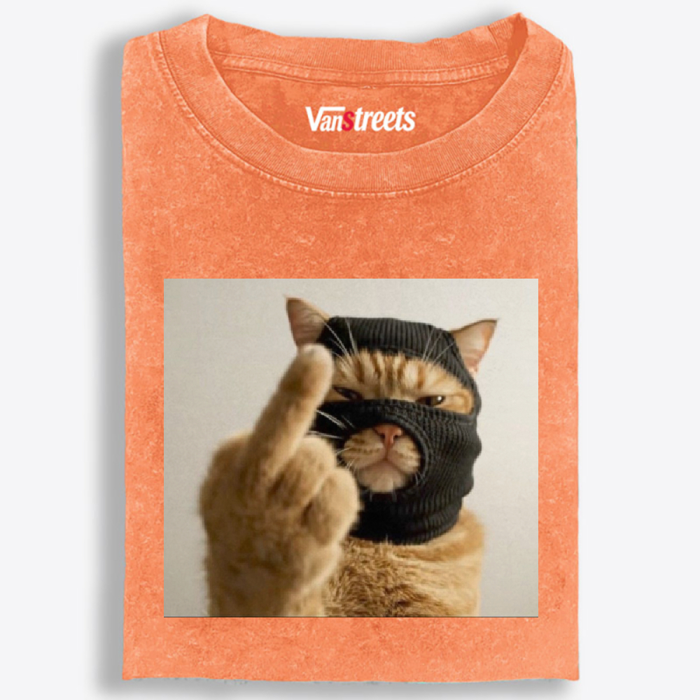 Bank Robber Cat Middle Finger Retro Washed T-Shirt | 100% Cotton | Streetwear Essential