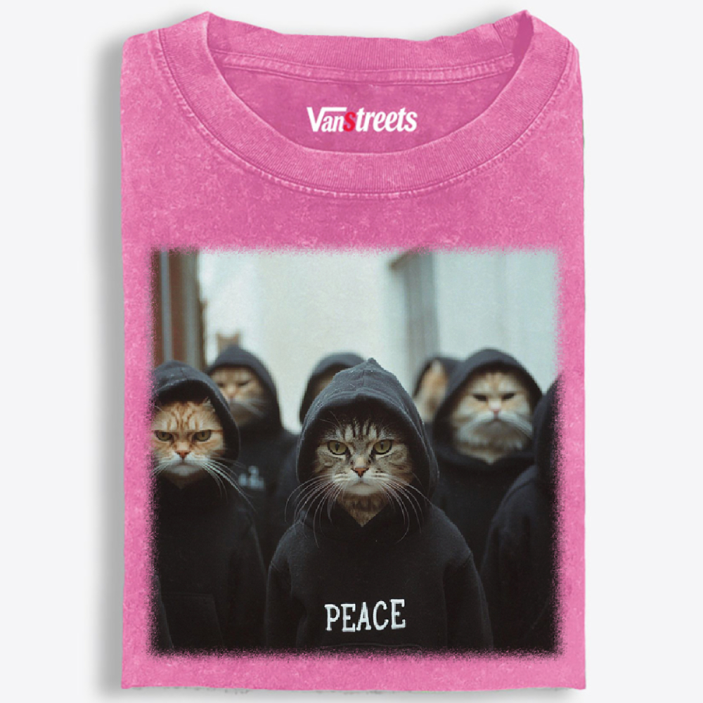 Peace Hoodie Cat Crew Graphic Washed T-Shirt | 100% Cotton | Streetwear Essential