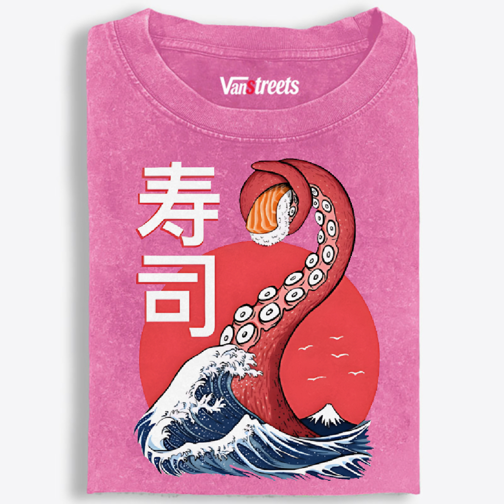 Octopus Sushi Great Wave Retro Washed T-Shirt | 100% Cotton | Streetwear Essential