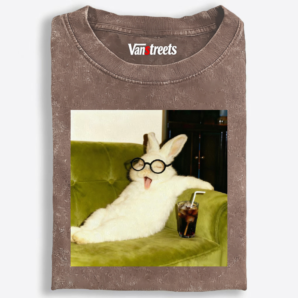 Geek Rabbit Drinking Cola Funny Retro Washed T-Shirt | 100% Cotton | Streetwear Essential
