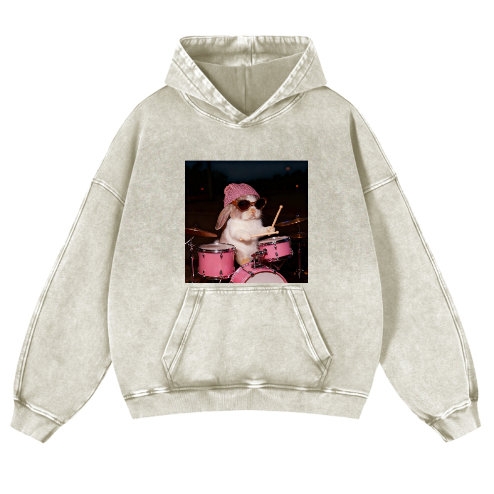 Bunny Rockin' Bunny Retro Washed Hoodide | 100% Cotton | Streetwear Essential