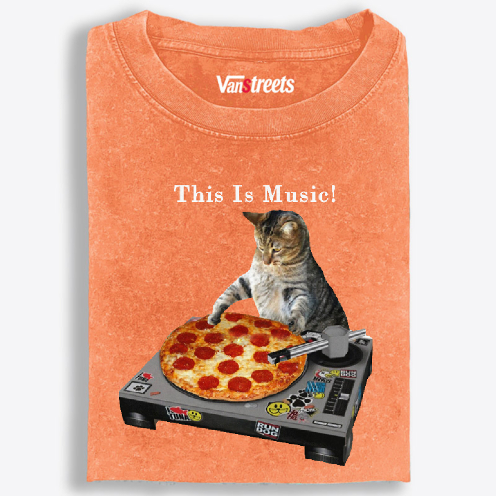 This Is Music! Pizza Turntable Cat Retro Washed T-Shirt | 100% Cotton | Streetwear Essential