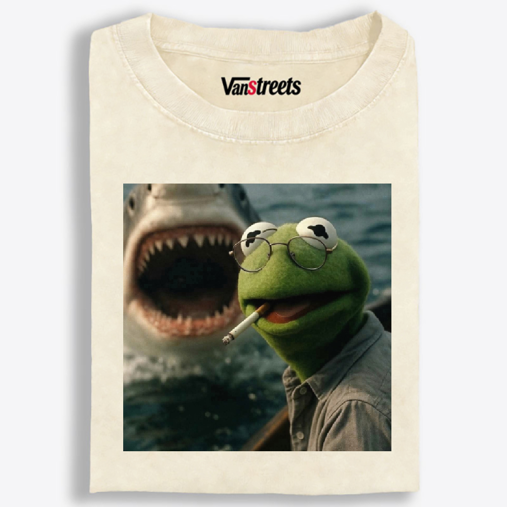 Kermit the Frog vs Great White Shark Meme Retro Washed T-Shirt | 100% Cotton | Streetwear Essential