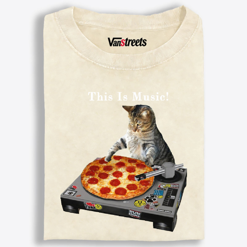This Is Music! Pizza Turntable Cat Retro Washed T-Shirt | 100% Cotton | Streetwear Essential
