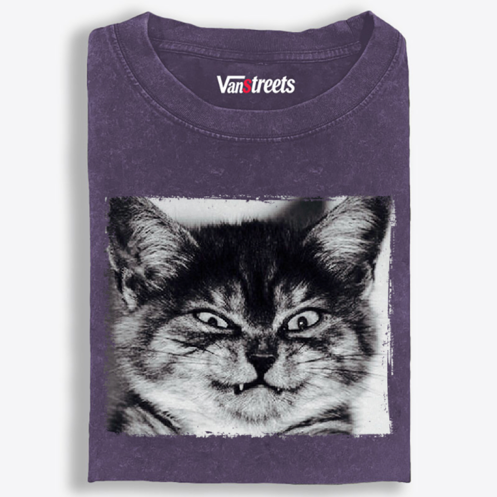 Grumpy Devil Cat Black & White Retro Washed T-Shirt | 100% Cotton | Streetwear Essential