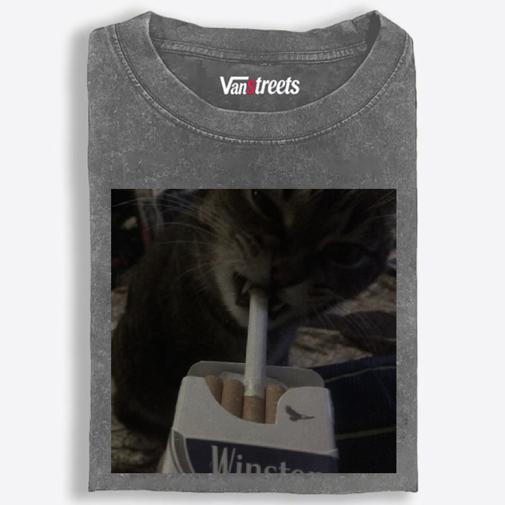 Cat with Cigarette Retro Black & White Retro Washed T-Shirt | 100% Cotton | Streetwear Essential
