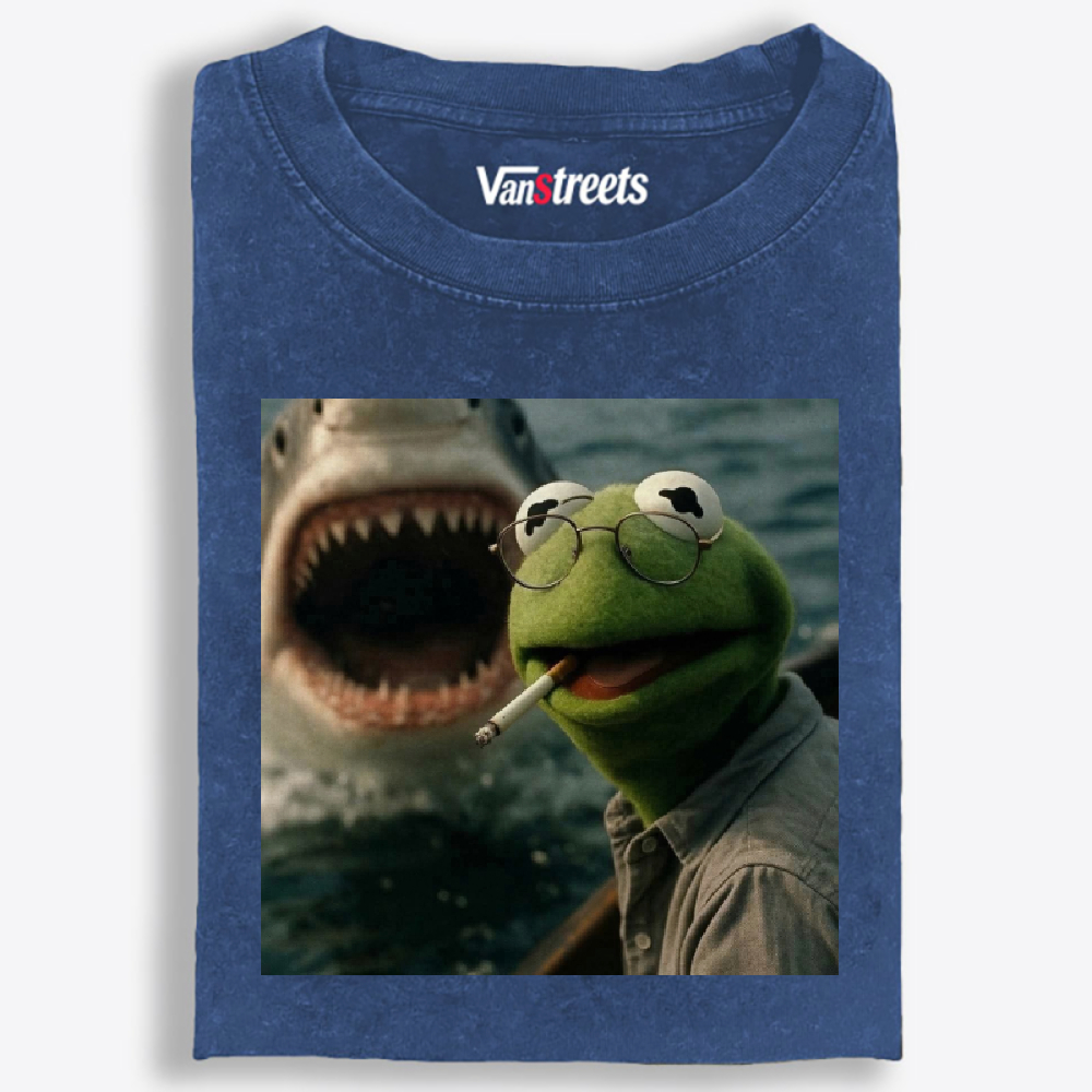 Kermit the Frog vs Great White Shark Meme Retro Washed T-Shirt | 100% Cotton | Streetwear Essential