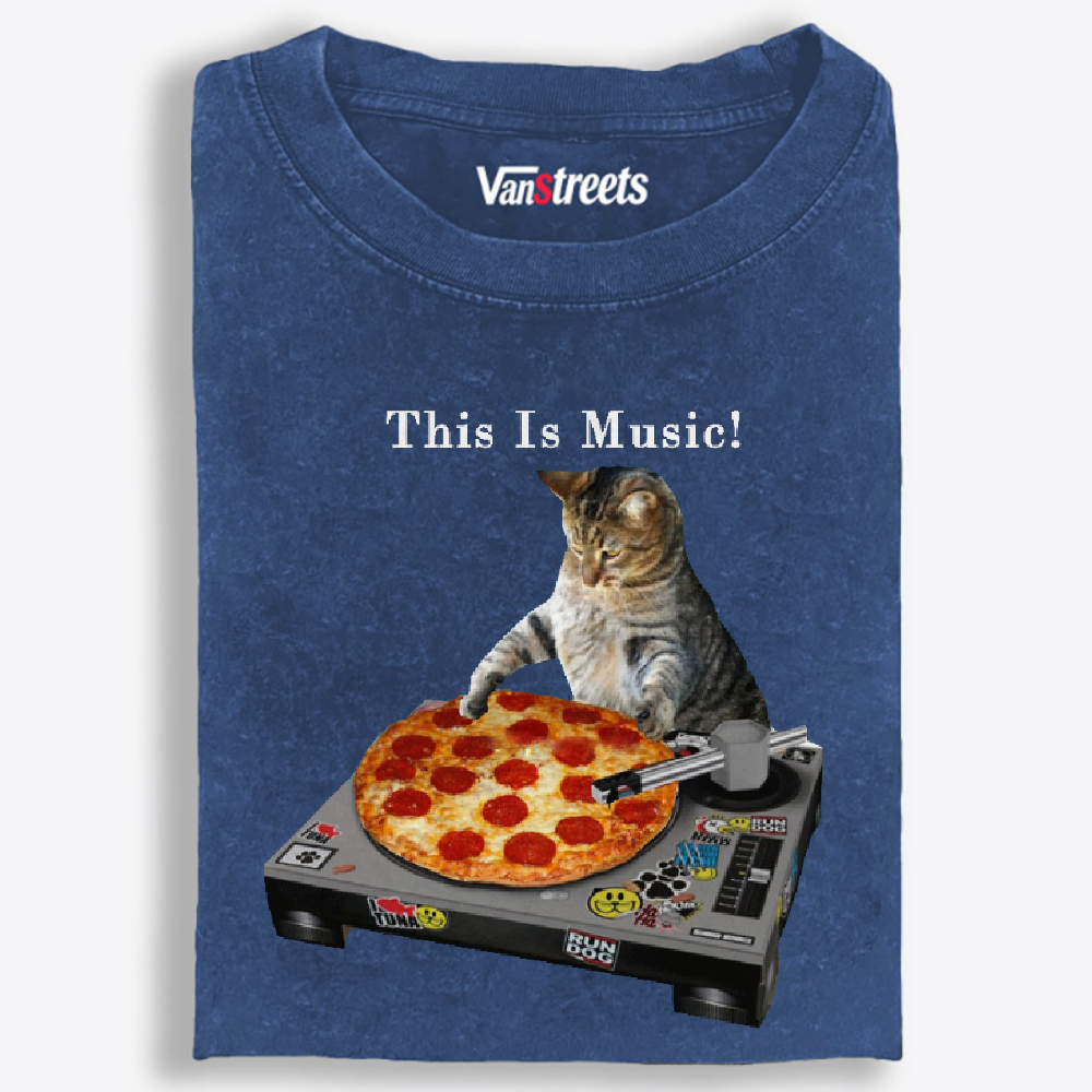 This Is Music! Pizza Turntable Cat Retro Washed T-Shirt | 100% Cotton | Streetwear Essential