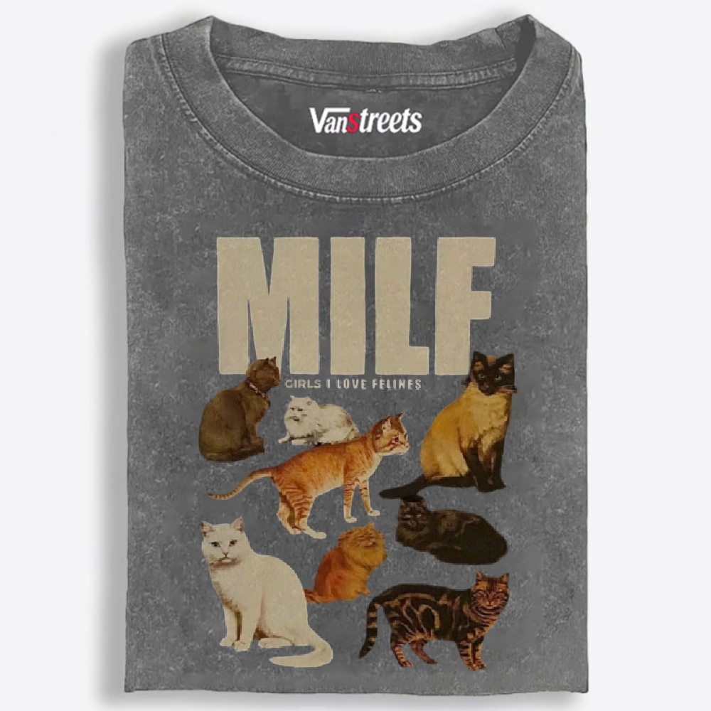 MILF "Girls I Love Felines" Retro Washed T-Shirt | 100% Cotton | Streetwear Essential
